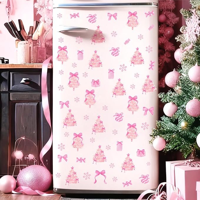 Pink Christmas Wall Stickers Xmas Tree Wall Decals Peel and Stick Bow Sticker for Walls Decoration Indoor Bowtie Decals for Crafts Snowflakes Coquette Art Murals for Girls Bedroom Living Room Decor
