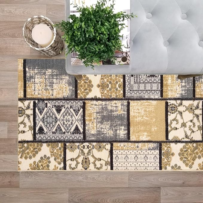 Custom Size Grey Ivory Fancy Patchwork Rubber Backed Non-Slip Hallway Stair Runner Rug Carpet 31 inch Wide Choose Your Length 31in X 2ft
