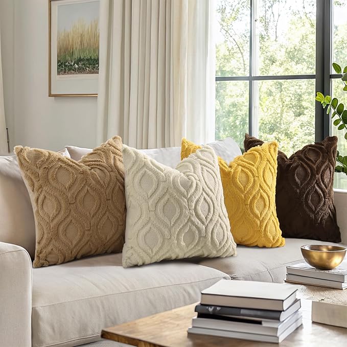 decorUhome Throw Pillow Covers 20x20 Inch Set of 2, Soft Plush Faux Wool Khaki Solid Couch Pillow Covers, Accent Farmhouse Neutral Square Pillow Cases for Sofa Bed Living Room