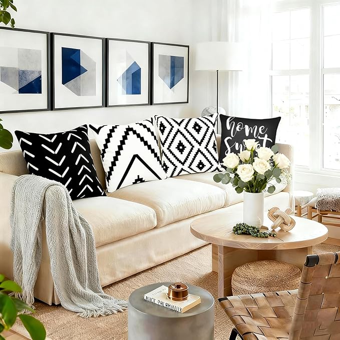 Decorative Throw Pillow Covers 16x16 inch Set of 4 Black White Pillow Covers for Couch Sofa Bed Living Room,Farmhouse Outdoor Throw Pillow Cover,Geometric Linen Square Throw Pillow Cases