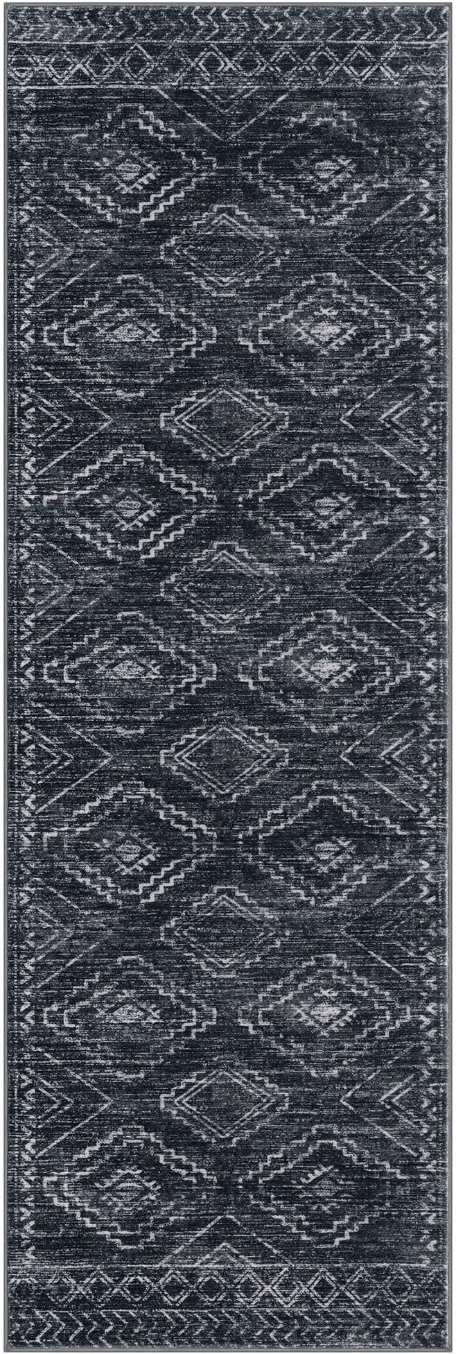 KILOCOCO Boho Kitchen Runner Rug 2x6 Washable Runner Rug, Soft Runners for Hallways Non Slip Printed Distressed Laundry Room Rug, Low-Pile Rug for Entryway/Bedroom/Living Room, Charcoal