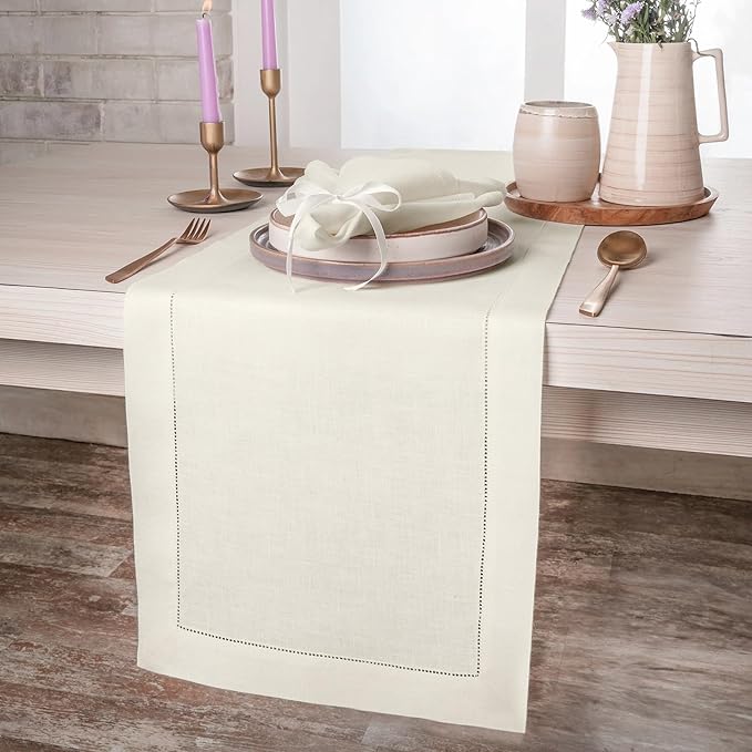 D'Moksha Homes Linen Ivory Table Runner 84 Inches Long - 100% Pure Linen Table Runner 14 x 84 Inch for Valentines, Spring, Easter - Classic Hemstitch