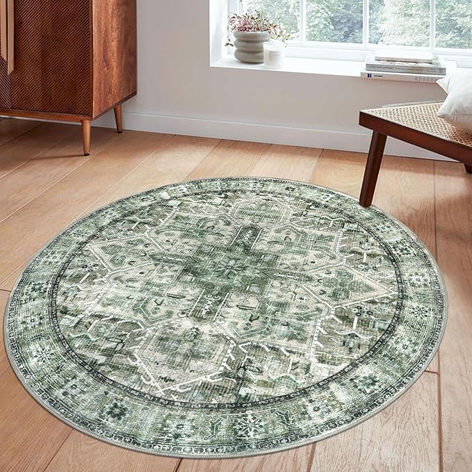 5' Round Washable Rug for Entryway, Green Soft Printed Area Rug, Non-Slip Kitchen Rugs, Low-Pile Medallion Indoor Door Mat, Small Farmhouse Carpet for Entrance Kitchen Foyer Bedside
