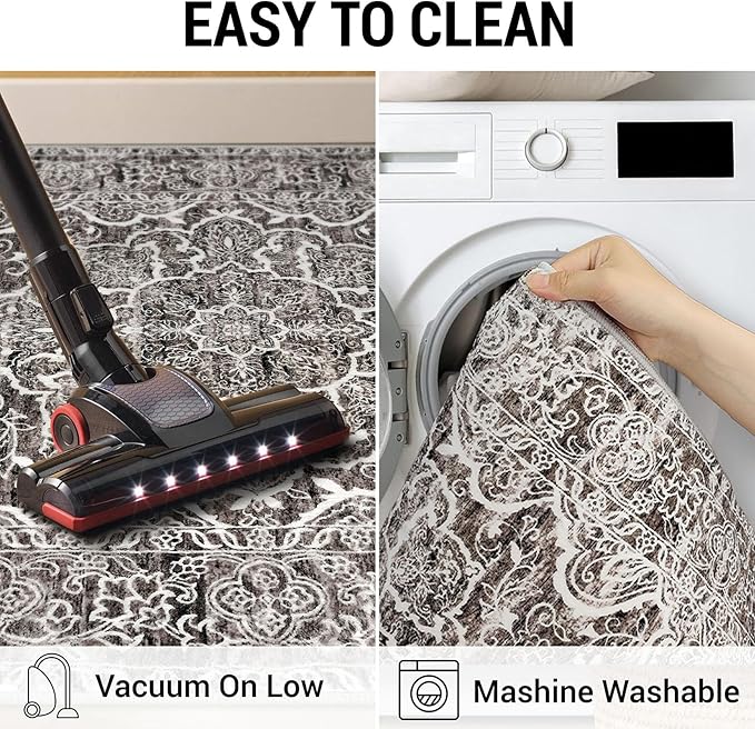 KUTA Vintage Washable Runners for Hallways 2.6x16, Non-Slip 16ft Extra Long Kitchen Runner Rug, Tan Grey Ultra Soft Printed Floral Medallion Stair Runners Indoor for Bedroom