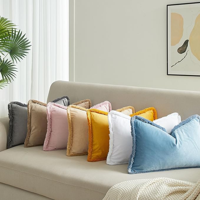 JUSPURBET White Decorative Velvet Fringe Throw Pillow Covers 26x26 Set of 2 Boho Soft Cushion Case for Home Decor Living Room Couch Sofa Bed
