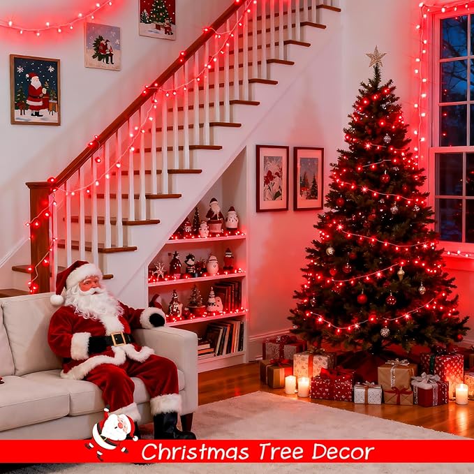 JMEXSUSS 2 Pack 100 LED Red Christmas Lights Outdoor Waterproof, Each 33ft Red String Lights Indoor Plug in, 8 Modes Connectable Christmas Tree Light for Xmas Yard Bedroom Fireplace Party Decorations