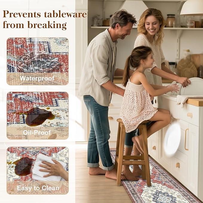 Boho Kitchen Mats for Floor 2 Piece Set Anti Fatigue Cushioned PVC Kitchen Rugs Non Slip Waterproof Farmhouse Mats 2/5 Inch Comfort Standing Mat for Sink, Laundry, 17.3"x59"+17.3"x28", Taupe Red