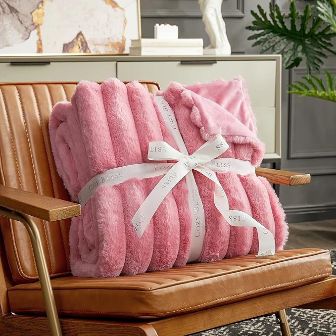 Cozy Bliss Faux Fur Throw Blanket for Couch, Cozy Warm Plush Striped Blanket for Sofa Bedroom Living Room, 60 * 80 Inches Hot Pink