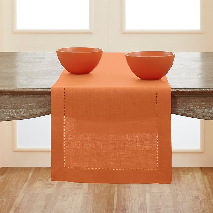 Solino Home Linen Hemstitch Table Runner 108 Inches Long - 100% Pure Linen Pumpkin Table Runner 14 x 108 Inch - Classic Hemstitch