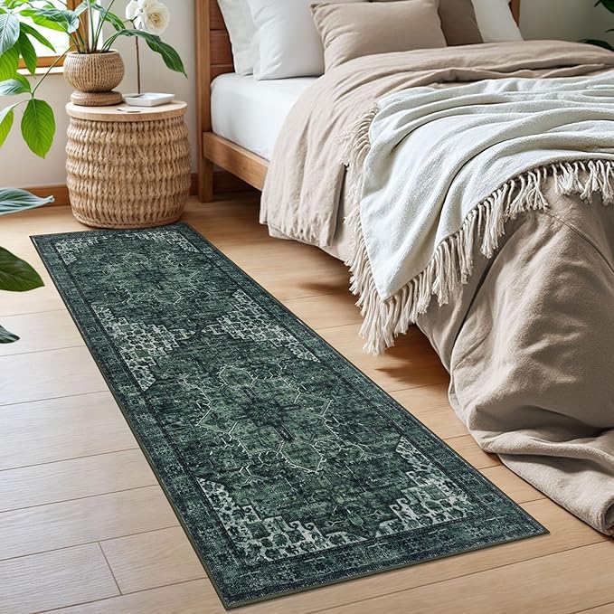 2x6 Vintage Runner for Hallways, Deep Green Non-Slip Printed Washable Kitchen Runner, Boho Rug with Non-Shedding, Medallion Floor Carpet for Laundry Bedroom Entryway