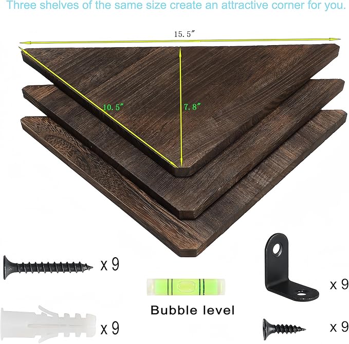 Joiishom Corner Wall Shelf Set of 3, Floating Corner Shelves, Rustic Wood Wall Storage Display Shelves for Living Room, Bedroom, Bathroom, Kitchen (Dark Brown)