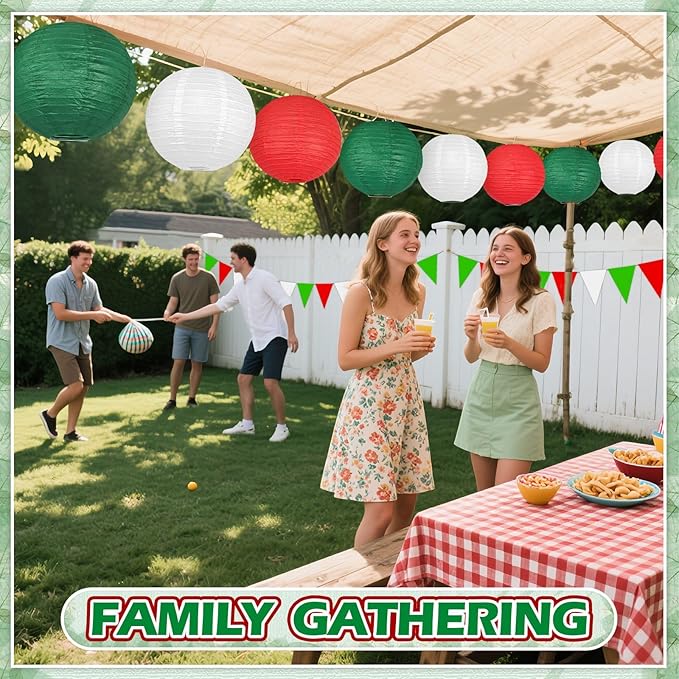 13 Pcs Red White Green Italian Party Decorations Set, Hanging Paper Lanterns & Fans, Mexican Fiesta Decor, Christmas Holiday Supplies, Reusable Eco-Friendly Party Backdrop Kit