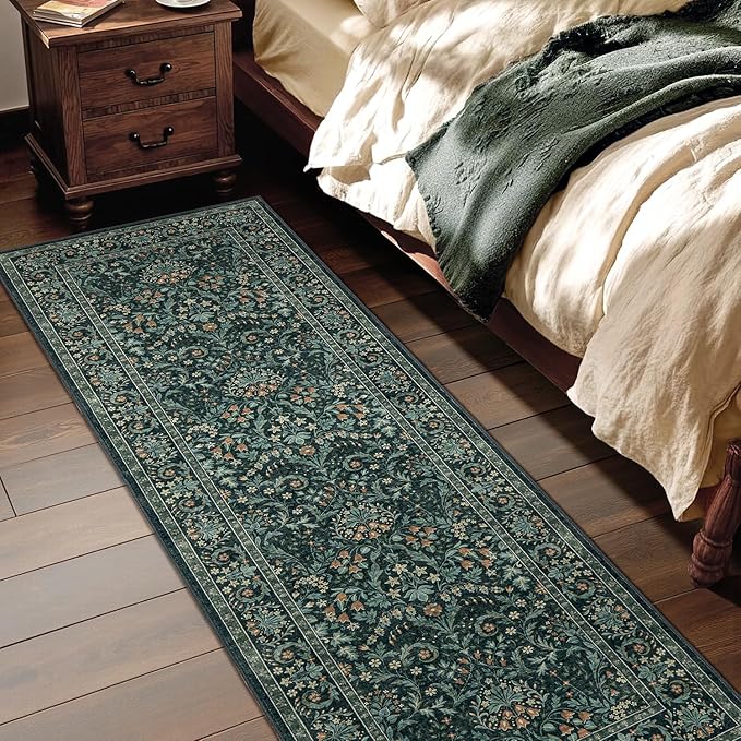 Woaboy Washable 2.6x8 Runner Area Rug, Hallway Kitchen Bedroom Beside Laundry Room Bathroom Rug，Non-Slip Low Pile Stain Resistant Soft Carpet for Vintage Boho Floral Home Decor Dark Green