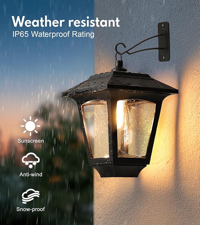 PASAMIC Solar Wall Lanterns Outdoor, 70 Lumens Hanging & Wall Mount Solar Porch Lights, IP65 Waterproof Dusk to Sconce Lights for Deck, Patio, Fence, Garage, Extra Replaceable Bulb, 2 Pack