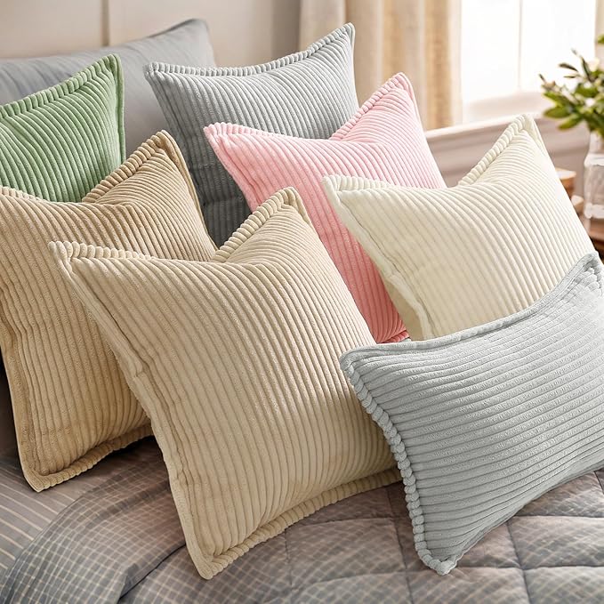 decorUhome Corduroy Pink Throw Pillow Covers 26x26 Set of 2 Decorative Soft Boho Farmhouse Euro Couch Pillow Covers for Living Room Bed Sofa Broadside Striped Pillow Cases