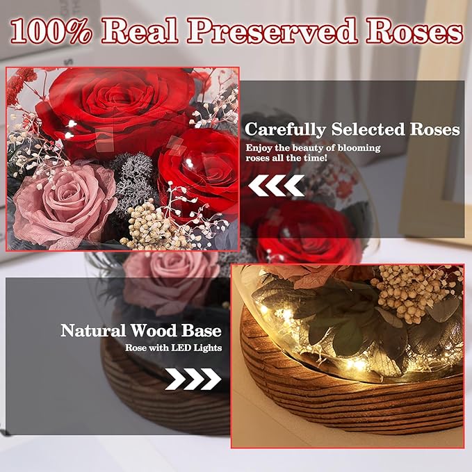 FIACO Valentines Gifts for Her Preserved Flowers in Glass Dome Long-Lasting Eternal Roses Birthday Gifts for Women Mom Grandma Wife Girlfriend Red Forever Flowers for Delivery Prime