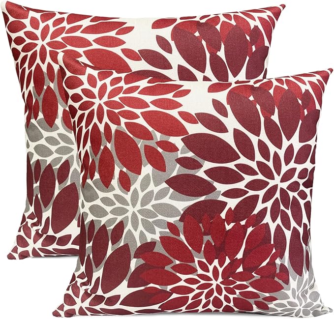 Decorative Throw Pillow Covers Set of 2 Wine Red Pillow Covers 20x20 Inch Couch Pillow Covers for Sofa Living Room Outdoor Throw Pillow Cover Linen Square Floral Flower Farmhouse Pillowcase