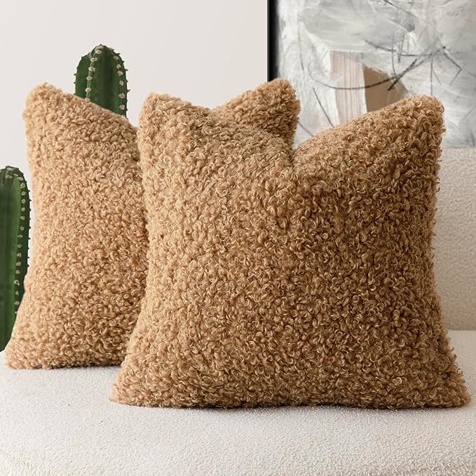 Foindtower 2 Pieces 24x24 Inch Bronze, Faux Fur Throw Pillow Cover Accent Sherpa Pillow Fuzzy Soft Pillowcases Sheepskin Decorative Fleece Cushion Case for Bed Couch Living Room