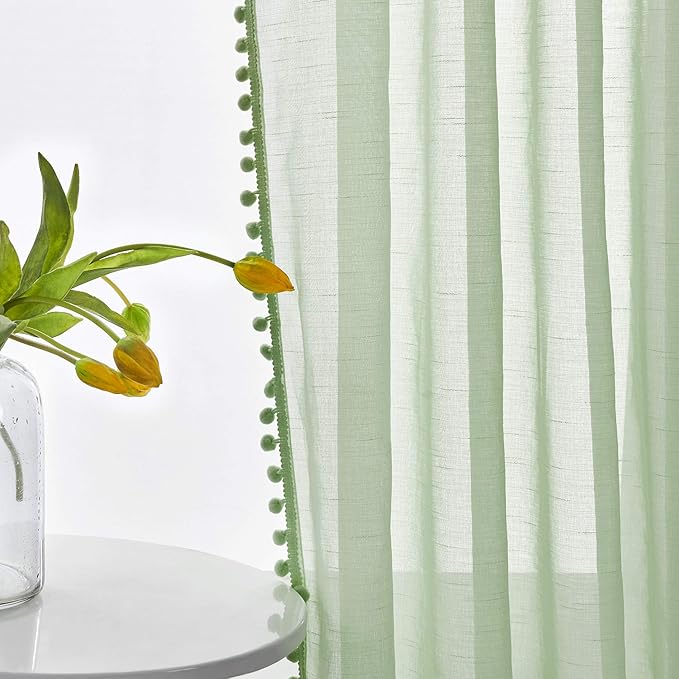 Treatmentex Pom-Pom Sheer Curtains for Living-Room Sage Green 84inch Slub Linen Textured Forest Sage Sheer Drapes for Birthday Party Décor 52" w, 2 Panels Rod Pocket