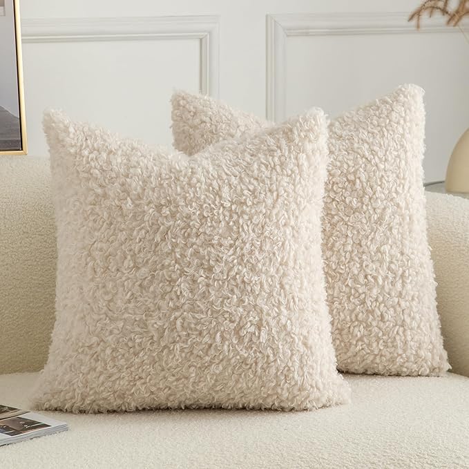 Pack of 2 Curly Teddy Wool Faux Fur Throw Pillow Covers Fuzzy Accent Soft Sherpa Pillowcases Sheepskin Fleece Decorative Cushion Case for Sofa Couch Living Room 16x16 Inch Neutral Light Beige