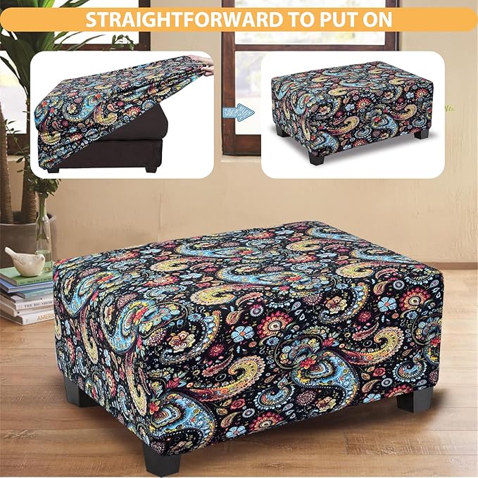 Ottoman Cover Rectangle Printed,Stretch Slipcover for Rectangular Footstool,Soft Fabric with Non-Slip Elastic Bottom,Furniture Protector for Living Room or Bedroom,X-Large,Flower F