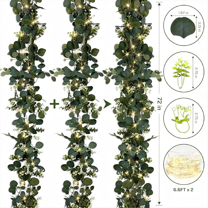 Eucalyptus Garland with Lights, 4 Packs 6FT Green Flower Garland Decor, Artificial Faux Eucalyptus Leaves Greenery Vines for Table Runner Wedding Centerpieces Backdrop Decorations (Warm Color)