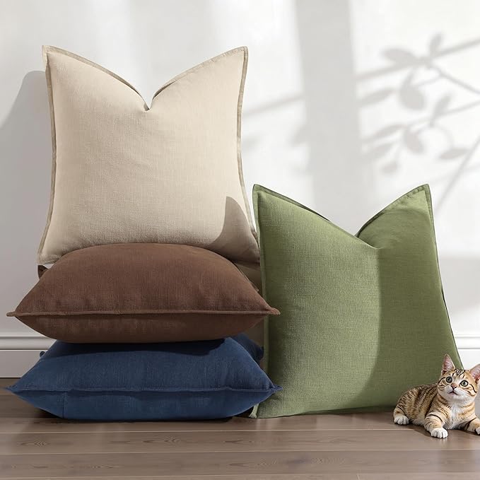 decorUhome Christmas Decorative Linen Throw Pillow Covers 26x26 Inch Set of 2 Natural Beige Soft Pillow Covers with Flange Edges Soft Farmhouse Boho Accent Pillow Cases for Couch Sofa Bed Living Room