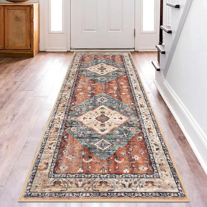 KOZYFLY Runners for Hallways 2.6x8 Ft Washable Kitchen Runner Rug Boho Runner Rug for Entryway Indoor Rust/Orange/Blue Printed Oriental Faux Wool Floor Carpet Runner for Bedroom Kitchen Hall