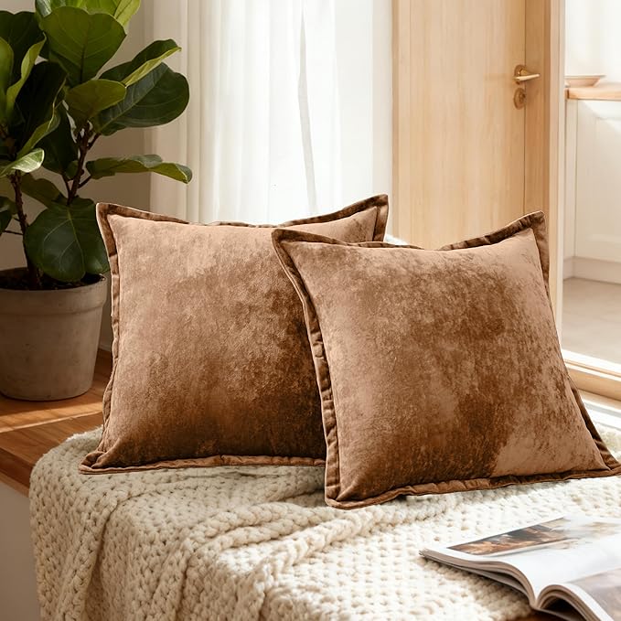20x20 Throw Pillow Covers Set of 2 Velevt Square Cushion Cover Decorative Solid Pillowcases for Sofa Bed Chair Decor,Caramel