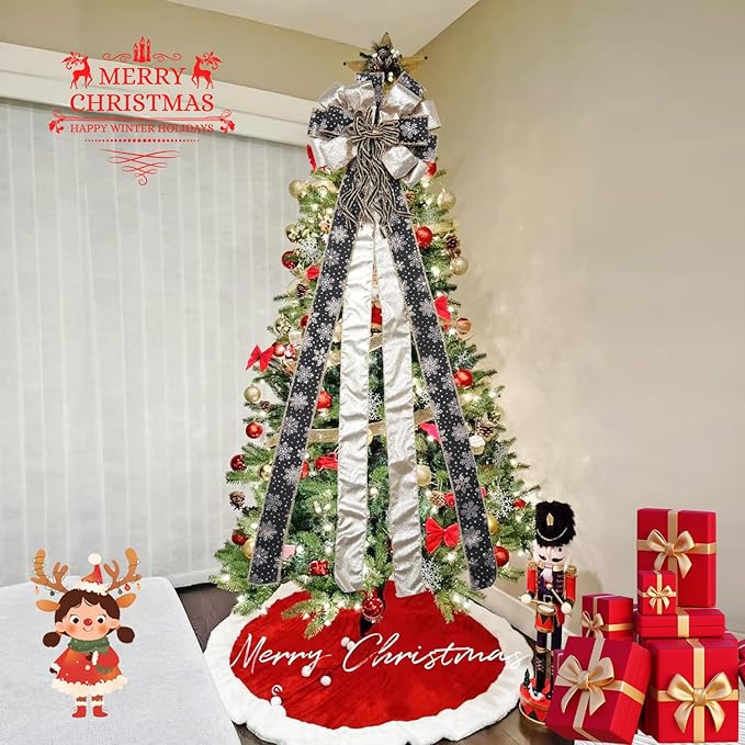 Christmas Tree Topper Bow, 43" Christmas Wreath Bows Black and Gold Ribbon Ornaments with Tassels Snowflakes and Glitter, Home Decor for Holiday Xmas Decoration Home Parties Wedding Gift