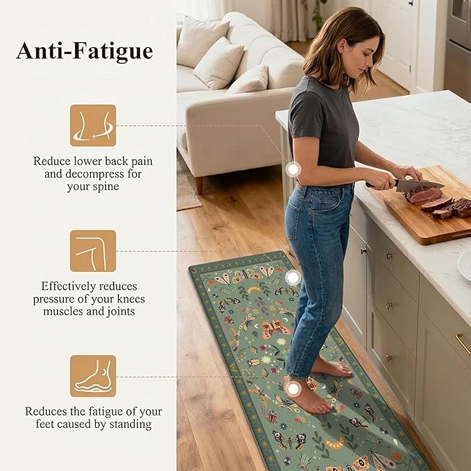 Anti Fatigue Mats for Kitchen Floor Green Kitchen Rugs Sets of 2 Bug Insect Butterfly Non Slip Cushioned Waterproof Comfort Memory Foam Standing Floor Mat for Office Laundry Sink Desk