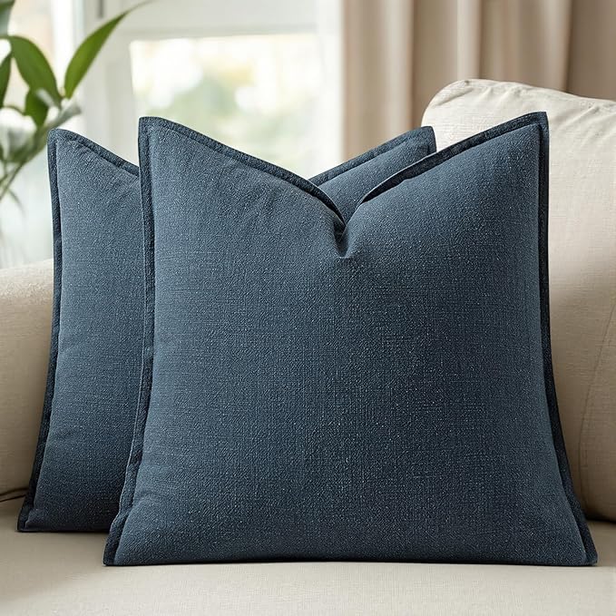 Woaboy 18x18 Inch Set of 2 Decorative Linen Solid Throw Pillow Covers Boho Accent Farmhouse Couch Pillowcases Modern Netural Home Decor for Couch Sofa Living Room Bed,Navy Blue