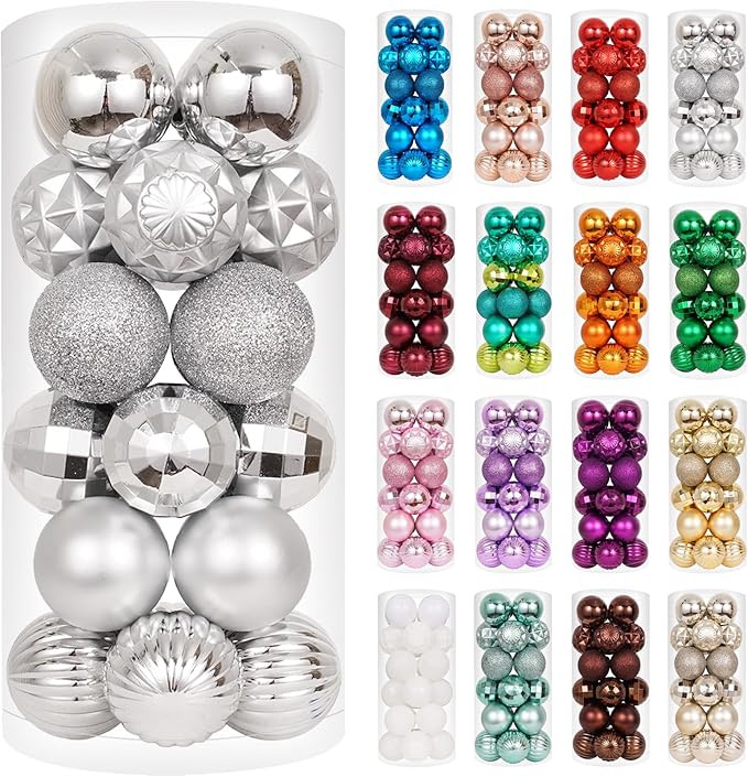 XmasExp 24ct Christmas Ball Ornaments Shatterproof Christmas Ornaments Set Decorations for Xmas Tree Balls 40mm/1.57” (1.57'', Silver)