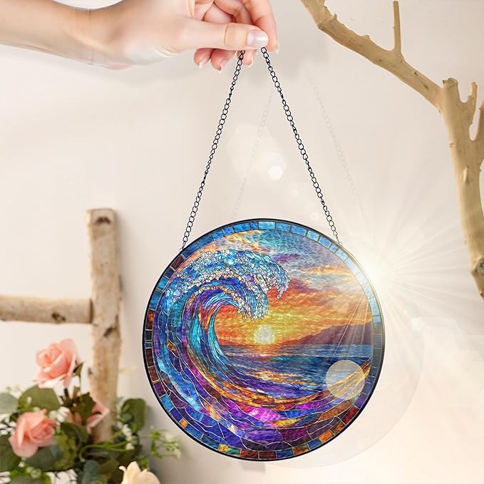 FLAGWIX Christmas Beach Gifts for Women Men - Stained Glass Window Hanging 8in for Holiday Christmas Decorations 2025 - Sun Catchers Indoor Window for Ocean Decor, Beach Decor, Boho Gifts for Women