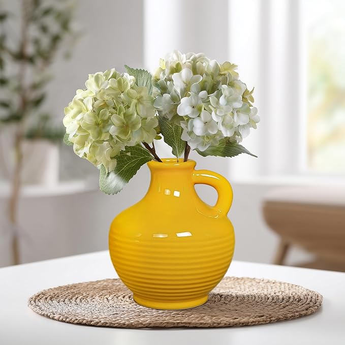 Sunddo Yellow Ceramic Vase 6 Inch - Small Modern Decorative Vase with 1 Handle for Home Decor, Living Room, Kitchen, Shelf, and Centerpiece Table Decorations