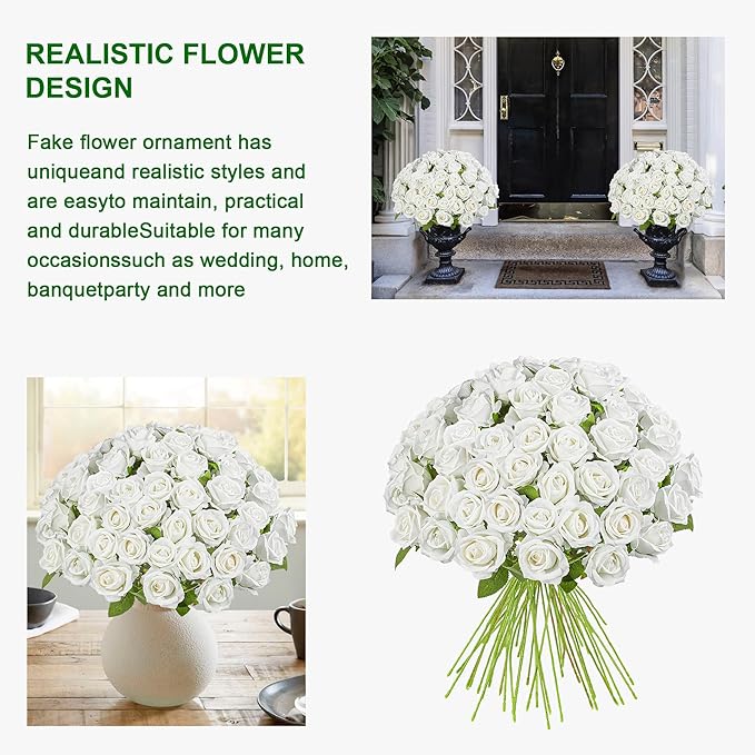 Artificial Flowers Roses Touch Fake Rose Bouquet Flower Stem for Wedding Centerpieces DIY Wreath Home Decorations Silk Roses Mothers Party Fake Outdoor Flowers Decor19.6“ (White 100PCS)