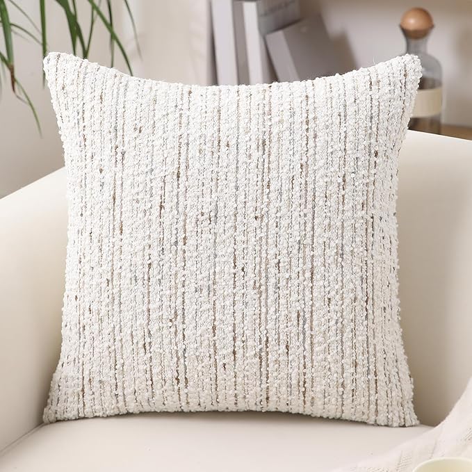 Textured Boucle Pillow Covers 18x18 Neutral Striped Throw Pillows Soft Modern Farmhouse Pillow Cases, 1pc Decorative Accent Square Couch Cushion Cover for Bed Chair Living Room, White