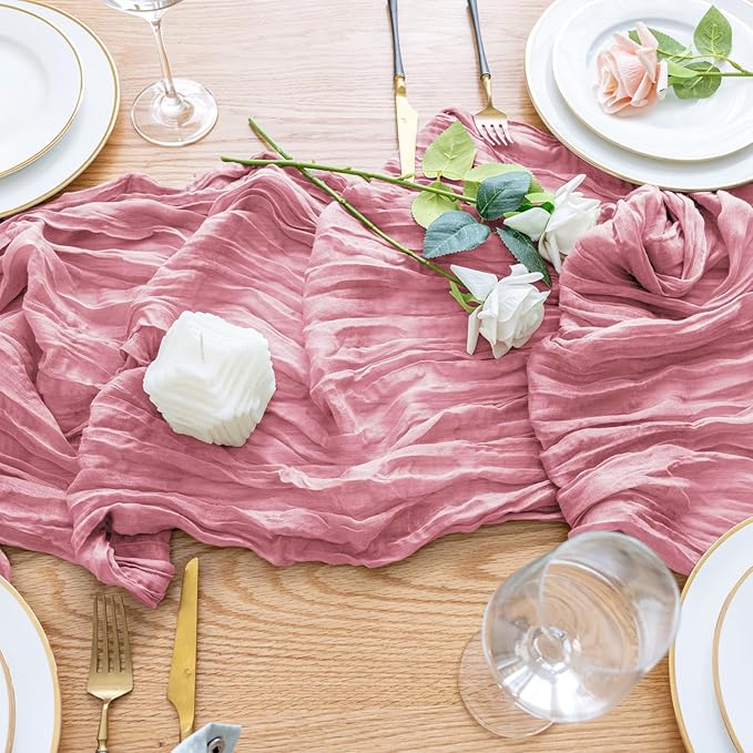 Wokceer Cheesecloth Table Runner Pink Valentine's Day 10FT Boho Gauze Cheese Cloth Table Runner for Party Long Rustic Sheer Runners for Baby Bridal Shower Wedding Easter Decor