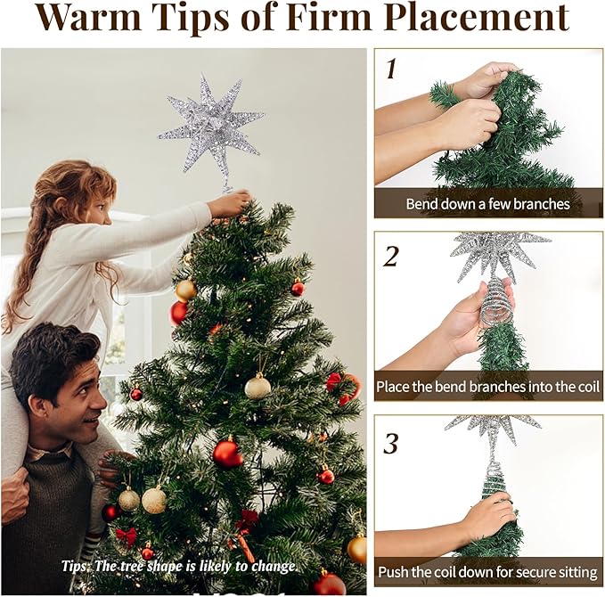 Lewondr Christmas Tree Topper, Plug in 3D Starburst Xmas Lighted Star Tree Topper, Remote Control & Timer Light Up Vintage Moravian Tree Topper for Christmas Decoraiton, Warm Light, Silver