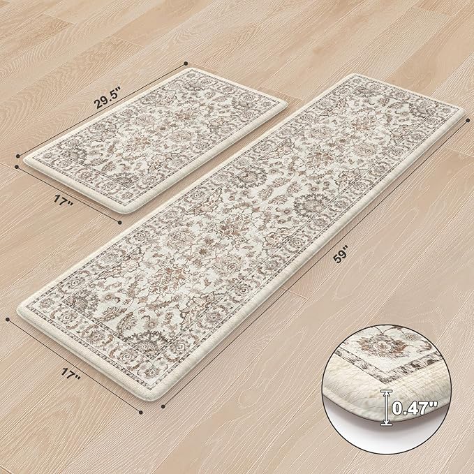 KIMODE Anti Fatigue Kitchen Rugs Sets of 2, Ergonomic Standing Cushioned Kitchen Floor Mats, Boho Kitchen Runner Stain Resistant, Non Slip Laundry Sink Rug Waterproof, 17.3"x59"+17.3"x29", Khaki