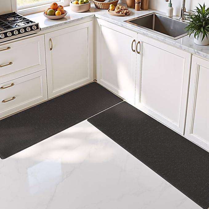 Color&Geometry Anti Fatigue Cushion Padded Kitchen Mat for Floor - 17x59+17x59,Easy Clean, Waterproof & Oil Proof, Anti Slip, Foam Rubber Runner Rug for Front Sink Comfort Standing, Black Set of 2