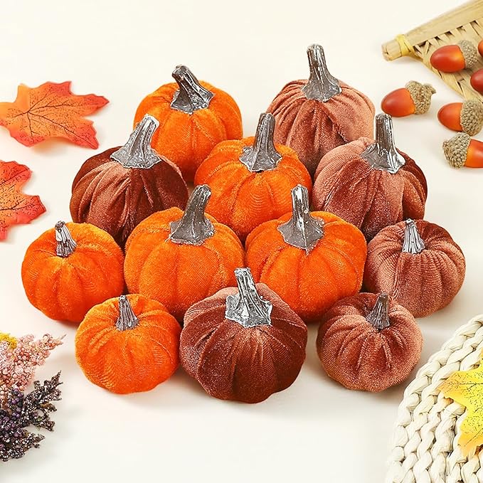12pcs Fall Pumpkins Decor Set,Artificial Mini Pumpkins for Decorating, Velvet Mixed Color Fall Pumpkin Decorations for Thanksgiving Harvest Table Centerpieces Home Decor(Orange& Brown)
