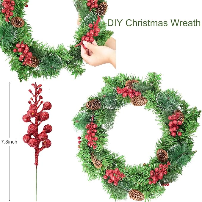 DearHouse 14 Pack Christmas Glitter Berries Stems, 7.8Inch Artificial Christmas Picks for Christmas Tree Ornaments, DIY Xmas Wreath, Crafts, Holiday and Home Decor (Red)