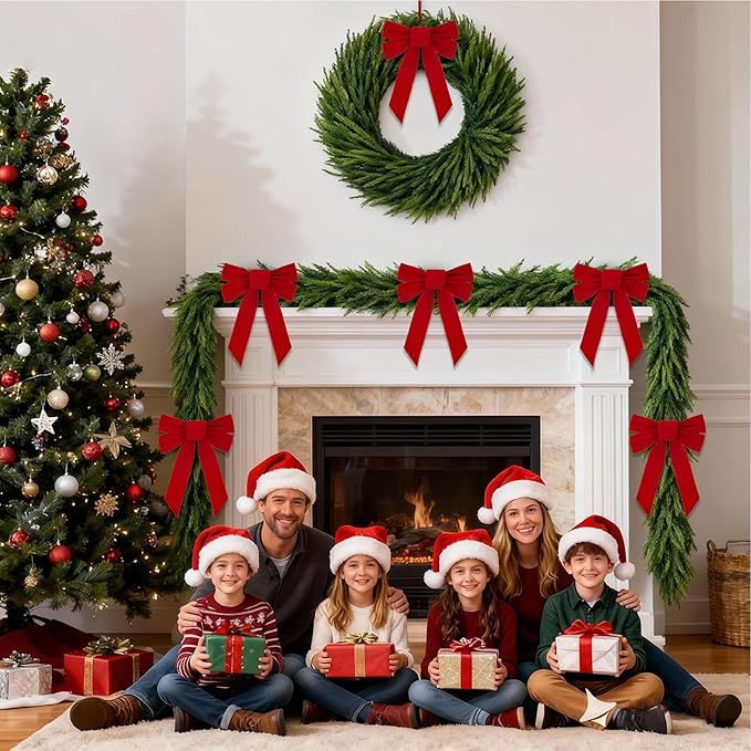 6FT Artificial Norfolk Pine Garland Includes 2 Red Bows, Real Touch Faux Greenery Garland for Home, Wedding, Party Decor - Mantle, Staircase, Indoor Outdoor
