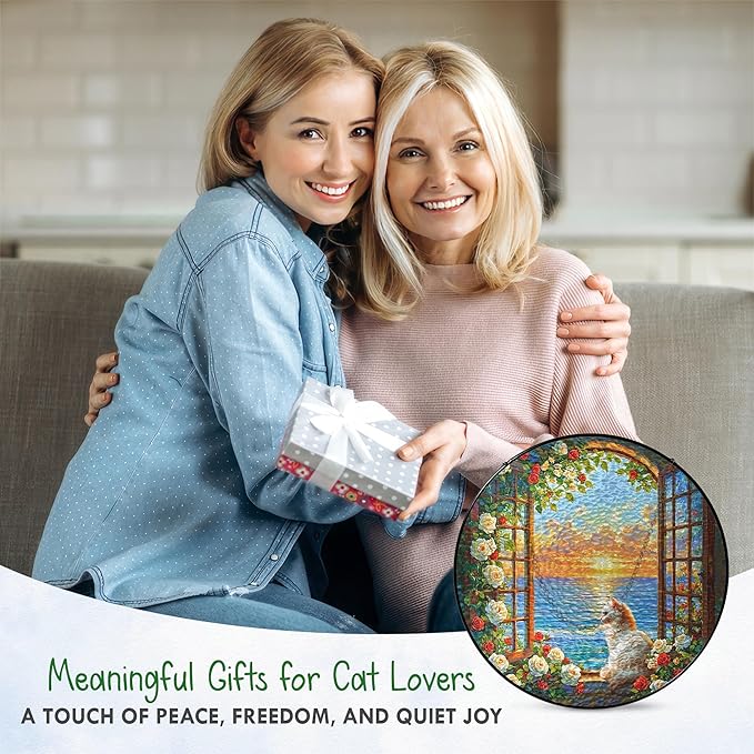 FLAGWIX Christmas Cat Gifts for Women - Stained Glass Window Hanging 10 in - Beach Gifts for Women Mom Grandma, Gift for Cat Lovers, Suncatcher Holiday Christmas Decorations for Home, Coastal Decor