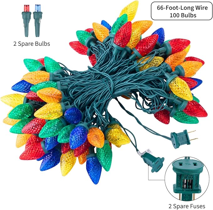 Brightown C9 Christmas String Lights Multicolor, 66ft 100 LED Faceted Christmas Lights on Green Wire, Plug-in Large Bulb Strawberry String Lights for House Roof Roofline Christmas Tree Party Outdoor