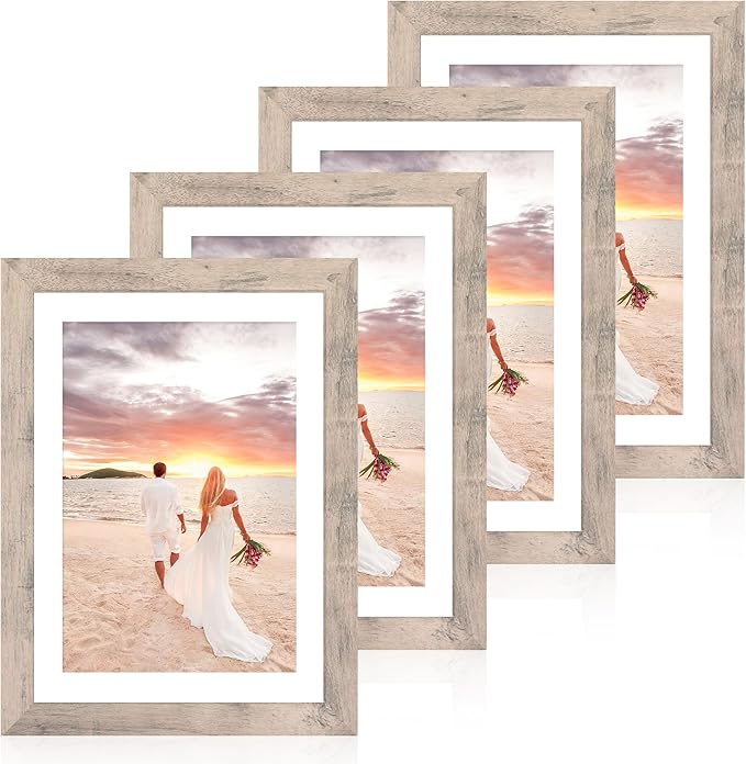 iRahmen 10x14 Picture Frame Set of 4 with Tempered Glass, Smoke Gray Frame Display 8x12 Picture with Mat or 10 x 14 Without Mat, Wood Rustic Photo Frames for Horizontal or Vertical Wall Mounting