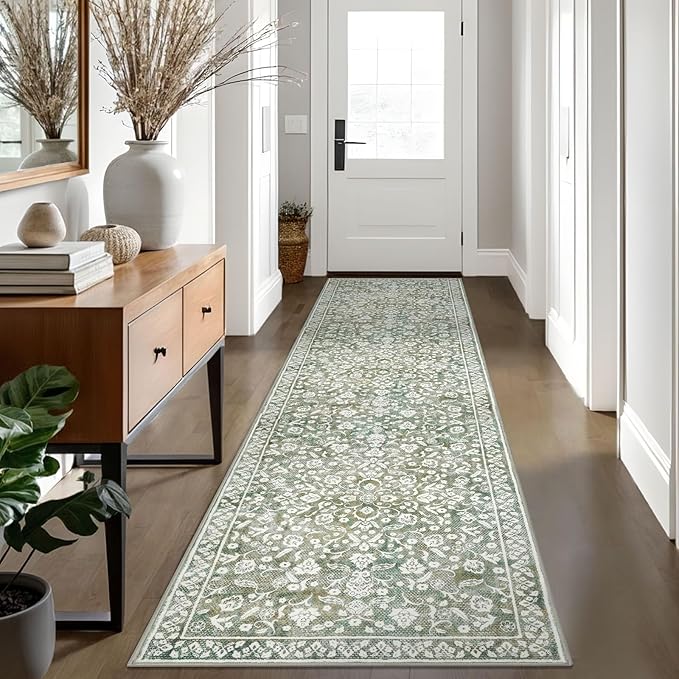 Vintage Runner Rugs for Hallway 3x10, Sage Green Beige Washable Long Hallway Runner Rug Non Slip, Super Soft Kitchen Runner Rug, Print Faux Wool Floral Thin Carpet Runner for Entryway Bedroom