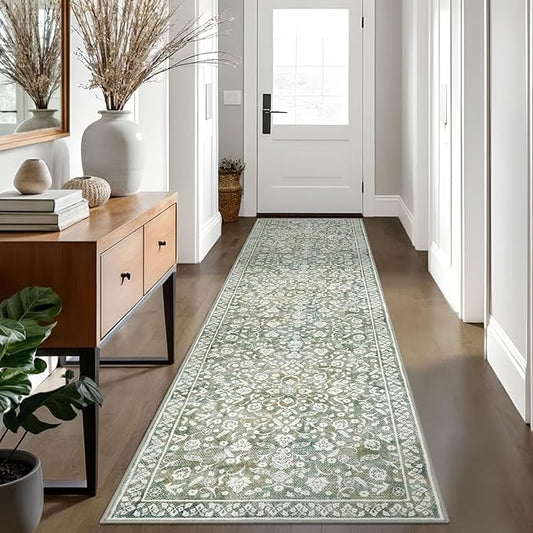 Vintage Runner Rugs for Hallway 3x10, Sage Green Beige Washable Long Hallway Runner Rug Non Slip, Super Soft Kitchen Runner Rug, Print Faux Wool Floral Thin Carpet Runner for Entryway Bedroom