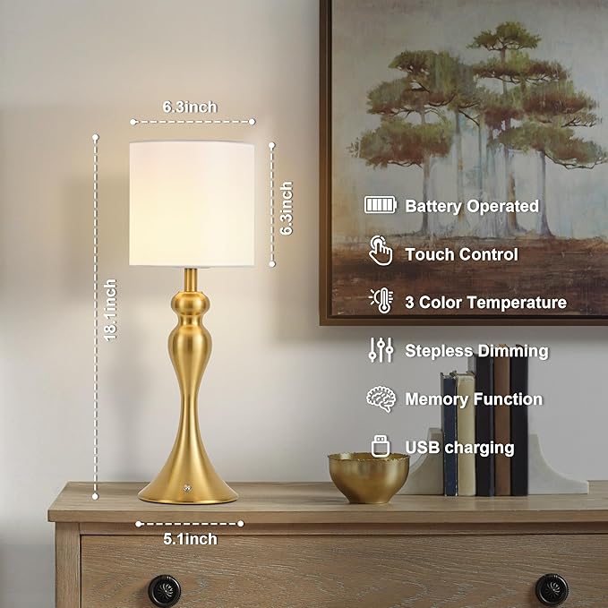 Table Lamp for Bedroom, Cordless Bedside Lamps for Living Room, Touch 3-Way Dimmable Desk Lamp for Night Stands, Rechargeable, Battery Operated Lamp with Fabric Shade for Dorm, Home Office (Brass)
